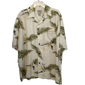 Bamboo Cay Large Hawaiian Shirt Cream & Green Bird Of Paradise Print 100% Silk
